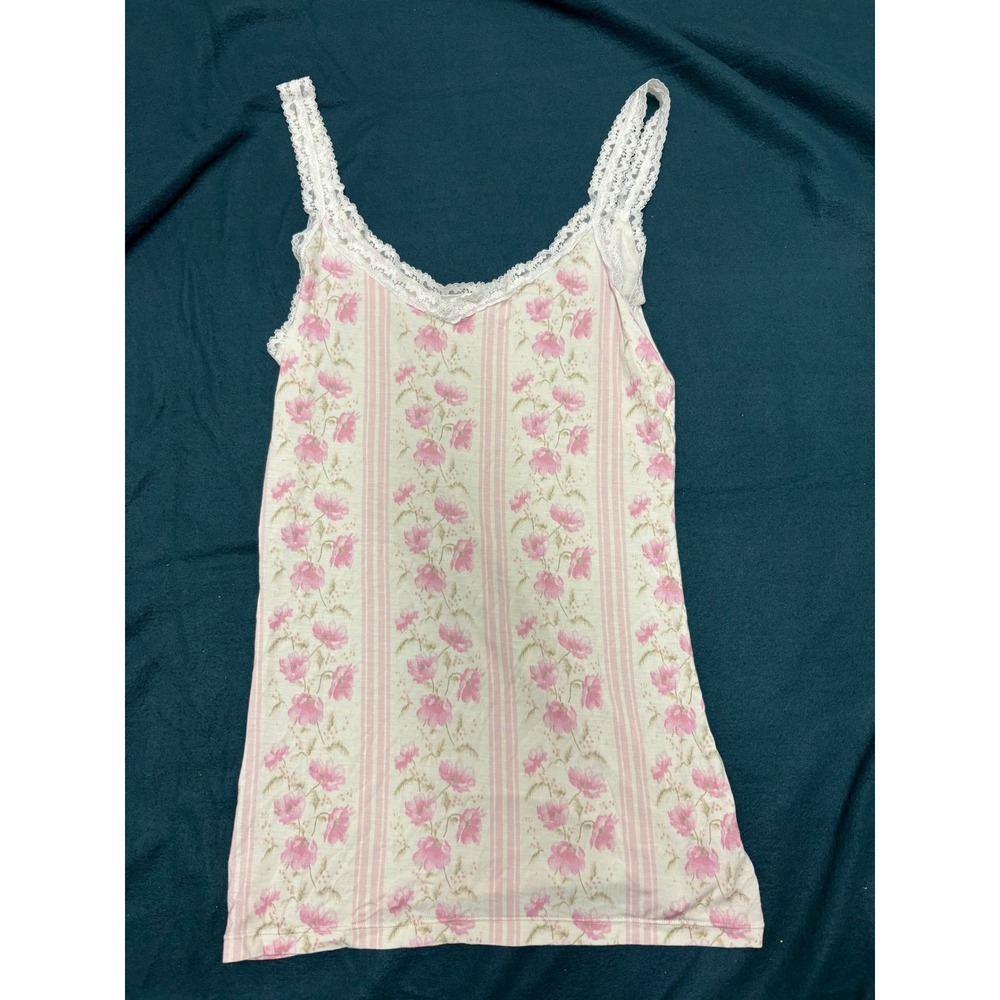 Stripe & Stare Pink Floral Striped Lace Trim Camisole Top Medium Cottagecore